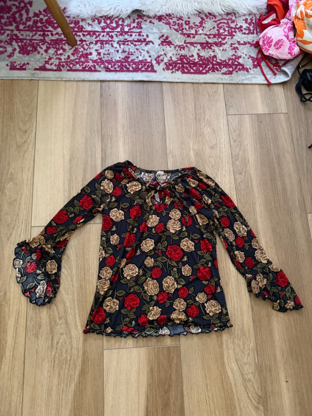 Sussan Black Floral Tie-Front Top with Red and Tan Roses